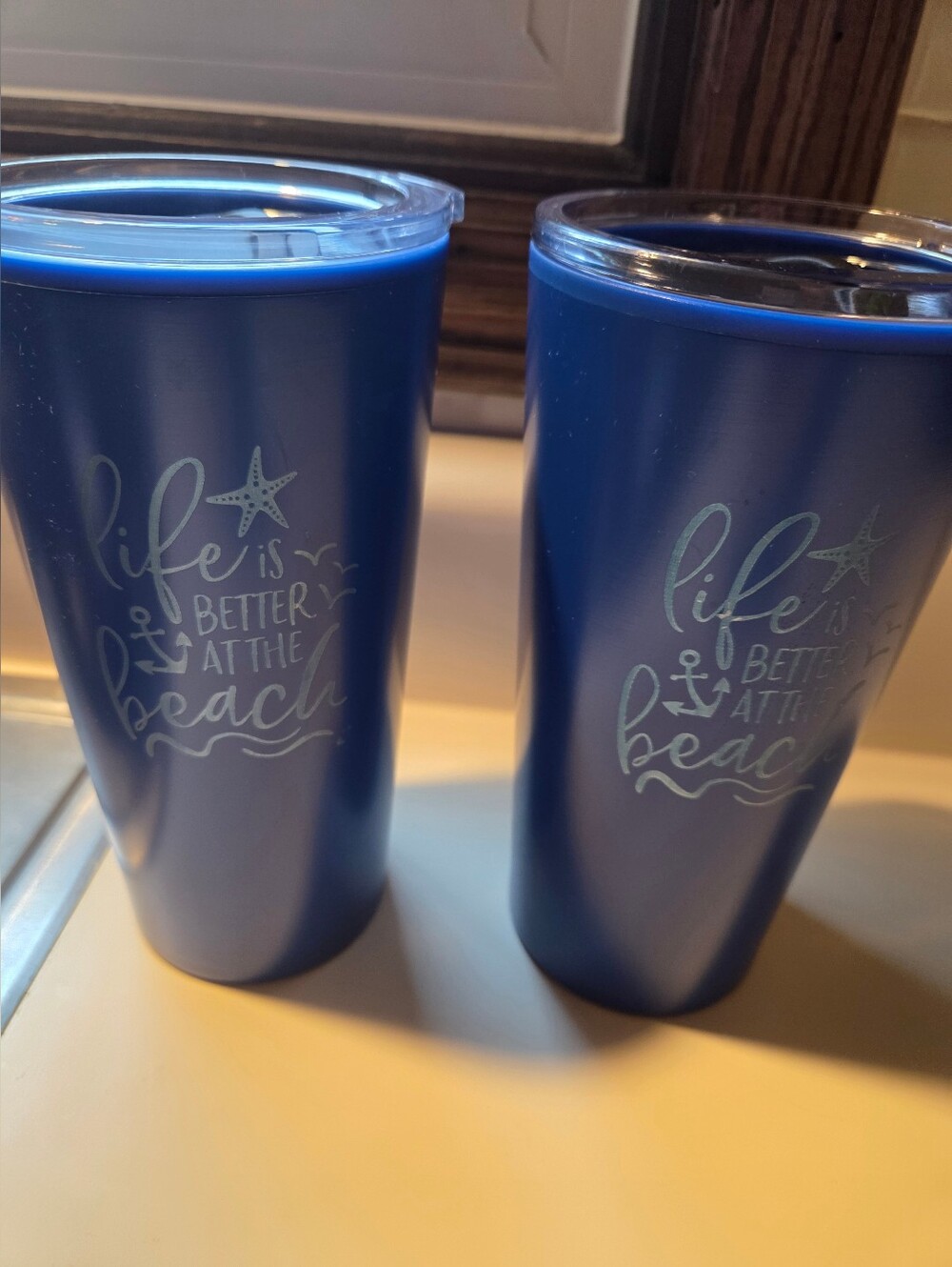 Blue 20oz Tumbler - Life is Better at the Beach. Never Used. Set Of 2!